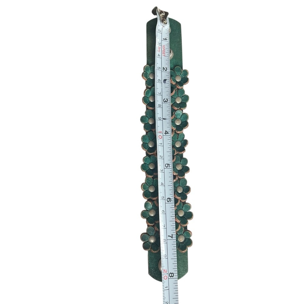Vintage Turquoise Green Flower Studded Leather Cuff Bracelet Y2K - Picture 6 of 7